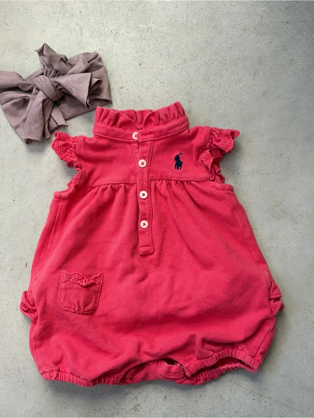 Ralph Lauren Pink Ruffle Eyelet Bubble Romper & Headband Set 3M⁠